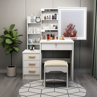 Table de toilette moderne en MDF Banitis avec miroir amovible pleine longueur, éclairage LED, tiroir et rangement
