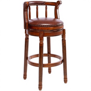 Tabouret de bar traditionnel en bois avec siège et dossier en cuir, design moderne, pivotant à 360 degrés, réglable, pour usage commercial - Product Image 4