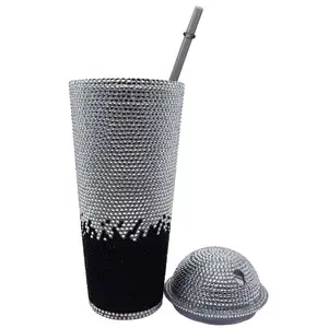 24 oz Custom Logo Bling Beverage Double Wall PS Cup Glitter Rhinestone Plastic Water Bottle for coffee