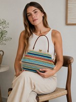 Sac à main coquillage rayé en paille pour femme, avec bandoulière amovible, style bohème, pour usage quotidien, portable, avec fermoir kiss-lock
