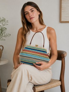 Bolso de mano a rayas de paja para mujer, con forma de marco, correa única, estilo bohemio, cierre de broche, para uso diario - Product Image 5
