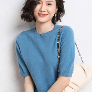 Women's Knitted Short Sleeve Sweater Loose Fit Round Neck Solid Color Polyester Five Quarter Sleeve Base <b>Layer</b> <b>Top</b> - Product Image 4