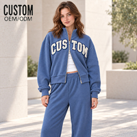 Ensemble décontracté 2 pièces en coton pour femme : veste oversize brodée à double fermeture éclair et col montant, et pantalon de survêtement ample à jambes larges