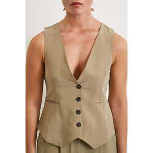 Chaleco de Lino y Algodón para Mujer, Color Caqui, Transpirable, Ropa Exterior - Product Image 3