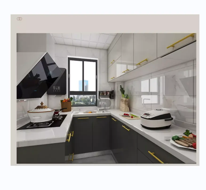 Gabinete colgante blanco con mango dorado, hoja de gabinete de cocina UV MDF con tablero