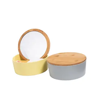 Hot sale bamboo fiber vanity round storage box makeup cosmetic beauty organizers with mirror