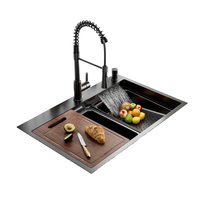 Robinet d'évier de cuisine multifonction en acier inoxydable 304 noir cascade pluie ensemble d'évier de cuisine