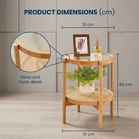 Table basse ronde en bambou avec plateau en verre, étagère en rotin à 2 niveaux, table d'appoint pour salon, chambre à coucher, meubles d'intérieur