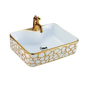 European Ceramic Sink Bathroom Washbasin Above Counter Basin Art Gold Wash Square