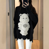 Pull Jacquard Oversize Noir Col Rond Femme Motif Ours Blanc de la Marque White Care Bear, Pull Tricoté Bicolore Motif Nuage et Ours