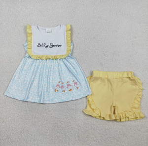 Conjunto de Túnica Floral con Bordado de Patos Locos para Bebés Niñas y Niños con Pantalones Cortos con Volantes, Ecológico - Product Image 4