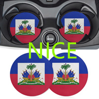 Alas Gelas Mobil Motif Bendera Haiti Bahan PU 2 Buah, Alas Cangkir Anti Panas dan Anti Selip untuk Hiasan Interior Kendaraan