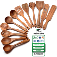 En stock, lot de 12 ustensiles de cuisine en teck naturel pour la cuisson, ustensiles de cuisine professionnels antiadhésifs, kit d'outils réutilisables