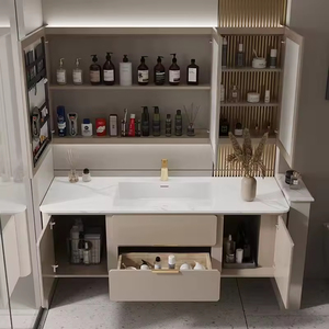 ตู้ห้องน้ำสไตล์ยุโรป ตู้กระจกทรงรังผึ้งโทนสีอบอุ่น อ่างล้างหน้าเซรามิกสีขาว - Product Image 4