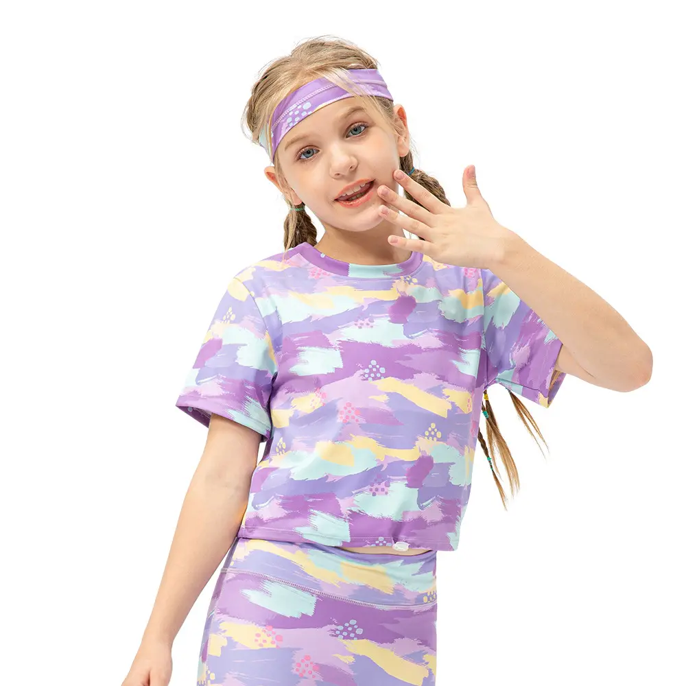 Kaus Yoga anak perempuan, pakaian olahraga lari lengan pendek, cepat kering, motif anak perempuan