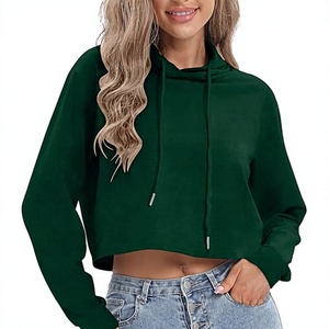 <b>Green</b> Cropped Hoodie Oversized Long Sleeve Solid Color Casual Knitted Sweatshirt Women Autumn Wear - Product Image 1