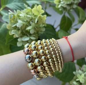 E136 <span class=keywords><strong>Bracelet</strong></span> boules dorées tendance avec perles <span class=keywords><strong>argent</strong></span> <span class=keywords><strong>Bracelet</strong></span> élastique fait main pour femme homme - Product Image 1