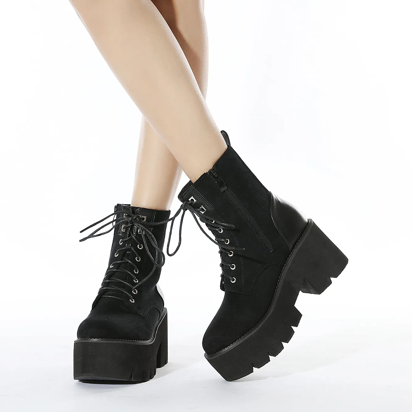 New arrival zipper boots women shoes fashion designs laces up thick 8 cm chunky heels black faux suede ankle boots ladies