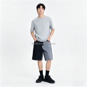 Men's Spliced Denim Bermuda Shorts Mid Waist <b>Elastic</b> Cotton Casual Summer Breathable Short Pants - Product Image 1