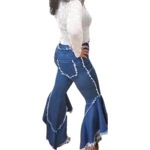 Pantalones vaqueros acampanados de tiro alto con dobladillo deshilachado para mujer, diseño personalizado - Product Image 4