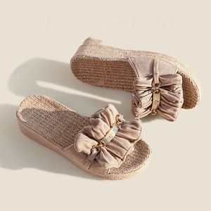 Sweet Linen <b>Fabric</b> Women Slippers Wedge Thick Sole Anti Slip Wearable Indoor Outdoor Summer Shoes - Product Image 4