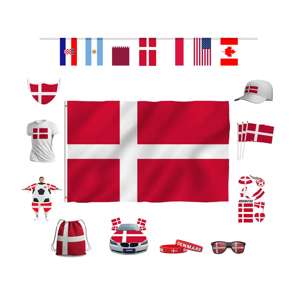 Suministros para fiestas de fútbol mundial de Dinamarca, accesorios para fanáticos del fútbol europeo, bufanda, cadena, portador de bandera, anillo, conjunto de capucha, traje inflable