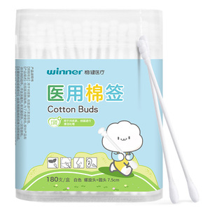 สำลีก้านวินเนอร์ เมดิคอล 180 ชิ้น สีขาว ปลายเกลียวและปลายกลม 7.5 ซม. สำหรับทำความสะอาดแผลผิวหนัง - Product Image 1