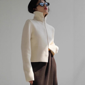Cardigã Curto de Cashmere/Lã com Zíper Duplo e Gola Alta para Mulheres, Estilo Elegante, Outono Inverno, com Renda Floral e Detalhes Halter - Product Image 2