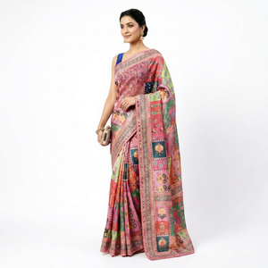 Sari Tradicional Indio de Seda con Estampado Digital, Color Rosa Multicolor, para Bodas, Largo hasta el Suelo, Corte Regular para Mujer - Product Image 1