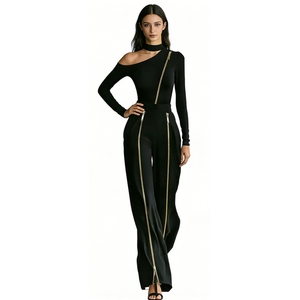 Conjunto de 2 Piezas para <span class=keywords><strong>Mujer</strong></span>: Top Asimétrico de Un Hombro con Cuello Choker y Pantalones Anchos con Detalle de Cremallera, Moda Sehe - Product Image 1