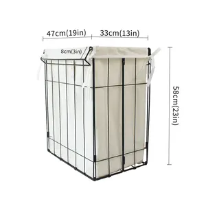 JY Home Use Foldable Iron Wire Laundry Basket With Cotton Removable Bag And Wheels Laundry Hamper Cart Metal Basket