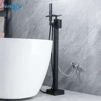 وير الصين الصناعية عالية ضغط جودة صنبور حوض استحمام للحمام أسود مربع موجة مع يده Floorstanding حنفية الحمام