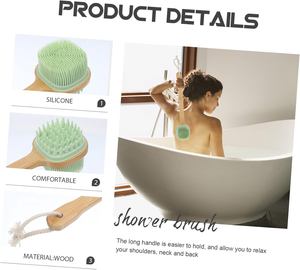 Brosse de bain 2-en-1 en silicone souple avec long manche en bois, outil de nettoyage du dos pour la douche, brosse douce pour usage quotidien - Product Image 3