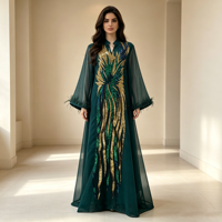 Robe longue décontractée pour femmes musulmanes du Moyen-Orient, col en V, manches longues, ornée de paillettes d'autruche faites à la main en polyester