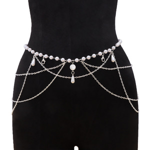 Cadena de cintura con borlas de perlas para mujer, cadena de varias capas de perlas de imitación, joyería corporal, accesorio de moda para boda, blanco K Two Lobster - Product Image 2