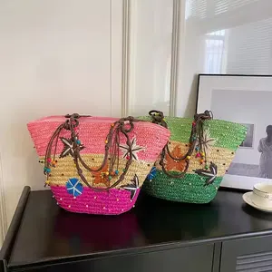 2023 Trendy Ladies Straw Beach Bags Wholesale Starfish Design Shoulder Bags Beaded Woven Beach Tote Handbags