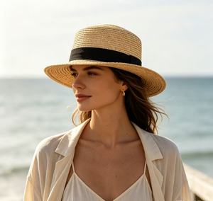 Chapeau de paille à large bord et dessus plat style <span class=keywords><strong>Audrey</strong></span> <span class=keywords><strong>Hepburn</strong></span> 2026, protection UV, chapeau de soleil d'été pour la plage, unisexe, pliable - Product Image 1