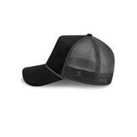 Casquette Trucker Noire Personnalisée en Velours Côtelé, 5 Panneaux, Dos en Maille, Réglable, Fermeture Snapback, Broderie Logo OEM pour Streetwear et Golf