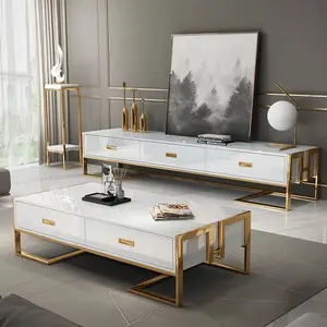 Luxury Tv Stand Cabinet Living Room Furniture Coffee Table Set with gold stainless steel frame