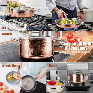 Ensemble de 13 ustensiles de cuisine en cuivre martelé avec couvercles et poignées en acier inoxydable, résistant au four, compatible gaz et induction - Product Image 5