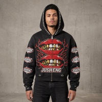 Streetwear personnalisé en molleton bouclette pour l'automne, impression DTF intégrale, embellissement par strass thermocollés, coupe déchirée et effilochée