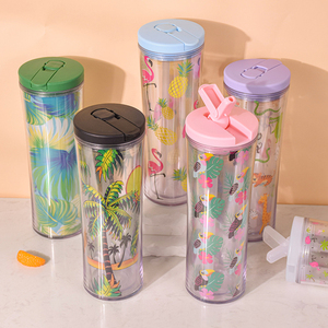 Vasos de plástico acrílico Soporte de tarjeta de PVC Personalización Vaso delgado de plástico Agua Café Beber Doble pared con tapa - Product Image 6