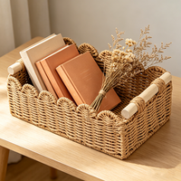 Petit panier rectangulaire en corde de papier tressé marron avec poignée en bois, léger, pour la maison et le bureau
