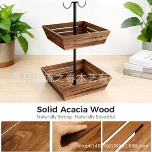 New acacia wood double-layer fruit basket with iron bracket, banana hook, fruit <b>plate</b>, and kitchen fruit storage <b>rack</b> - Product Image 5