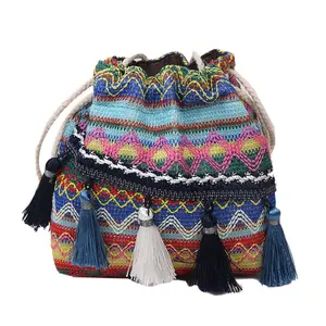 Tassel Ethnic Crossbody Drawstring Bag Zippered Pockets Vintage Tribal Boho Hippie Shoulder Bag Sling Ethnic Drawstring Bag