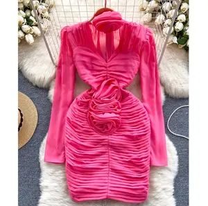 2024 Hot Sale New Long Sleeve Pleated Mini Short Temperament Romantic Sexy Pink Bodycon Beautiful Evening Dress