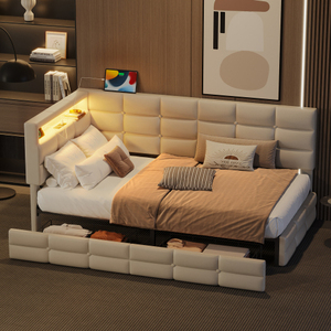 Upholstered Twin Size Daybed with Storage 2 Drawers and Charging Station, Day <b>Bed</b> <b>Frame</b> with LED Lights and Storage Headboard - Product Image 2