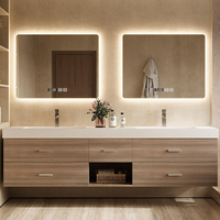 Meuble-lavabo mural de salle de bain en céramique écologique résistant à l'eau, finition placage bois de noyer naturel, design moderne et contemporain