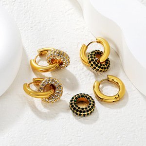 Pendientes de Aro Geométricos de Doble Círculo, Oro, Cristal, Acero Inoxidable, para Uso Diario - Product Image 2