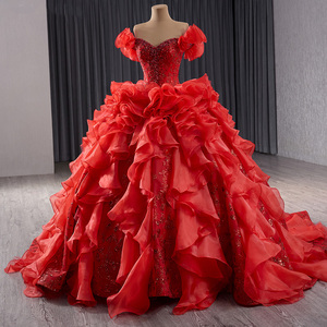 Magnifique Robe de Soirée Rouge en Tulle avec Appliques, Volants, Dos Nu et Perles, Traîne Maxi Rsm241070 - Product Image 2